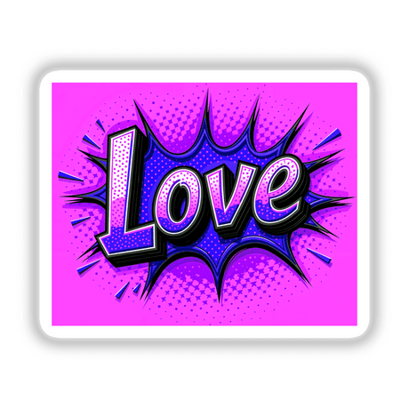 Love Valentine's Day sticker featuring purple and white text with artistic design elements, available as a sticker or digital artwork from Decal Venue.