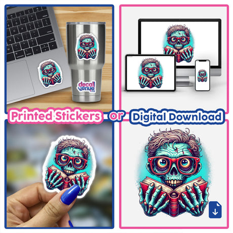 Vibrant zombie character wearing reading glasses and holding a book, featured on various digital and physical products including a laptop, tumbler, and mobile device.