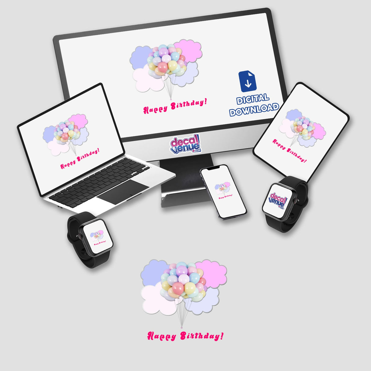 Floating pastel balloons in pink and lavender clouds on a blank background with "Happy Birthday!" text overlay