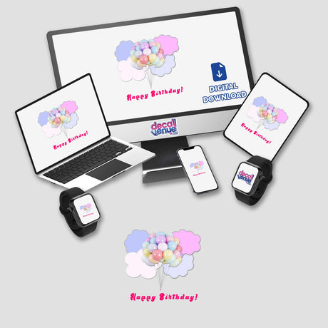 Floating pastel balloons in pink and lavender clouds on a blank background with "Happy Birthday!" text overlay