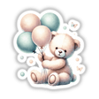 Watercolor Teddy Bear Holding Balloons, available as stickers or digital artwork, depicting a cute teddy bear grasping colorful balloons, blending whimsical charm with artistic detail.