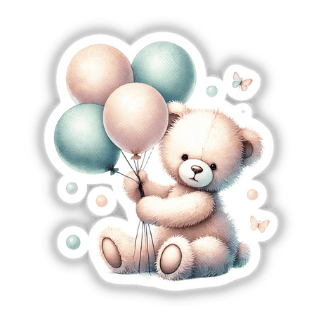 Watercolor Teddy Bear Holding Balloons, available as stickers or digital artwork, depicting a cute teddy bear grasping colorful balloons, blending whimsical charm with artistic detail.