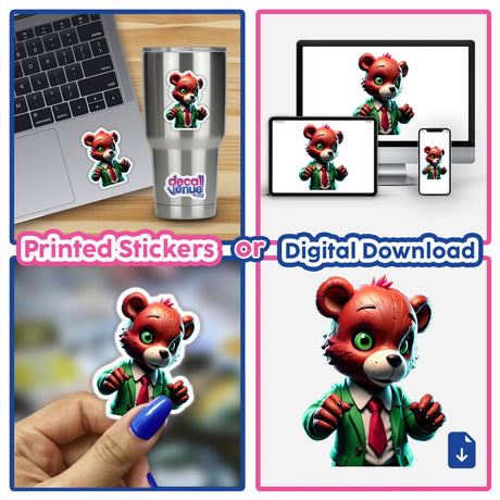 Collage featuring A Macabre Scary Bear cartoon character in various suits, available as stickers or digital artwork, on a laptop from Decal Venue's unique collection.