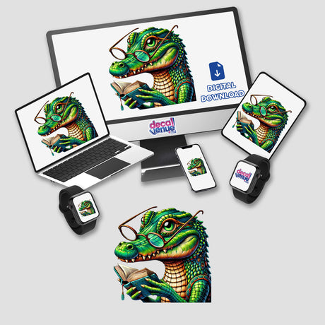Crocodile with reading glasses open book depicted on computer monitor and laptop, available as stickers or digital artwork from Decal Venue, highlighting unique vinyl stickers and digital art offerings.