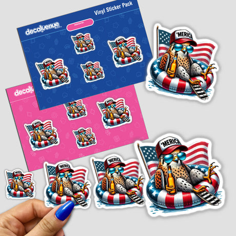 Kestral Bird American Flag Float Merica sticker featuring a cartoon bird wearing sunglasses, holding a beer, and sitting on a float. Available as stickers or digital artwork.