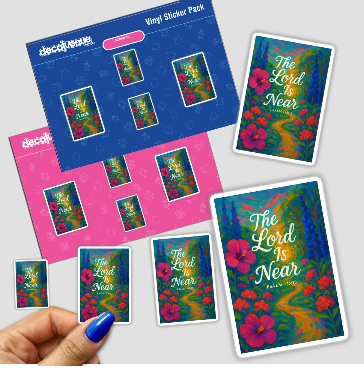 The Lord Is Near – Psalm 145:18 Fauvist Summer Floral Christian Sticker or Clipart features vibrant fuchsia hibiscus and coral geraniums encircling a path, emphasizing divine presence in bold artistic style.