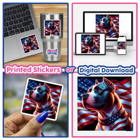 American Flag Pitbull Freedom Dog - Digital artwork featuring a vibrant pitbull dog against a patriotic American flag backdrop, available as printed stickers or digital download from Decal Venue.
