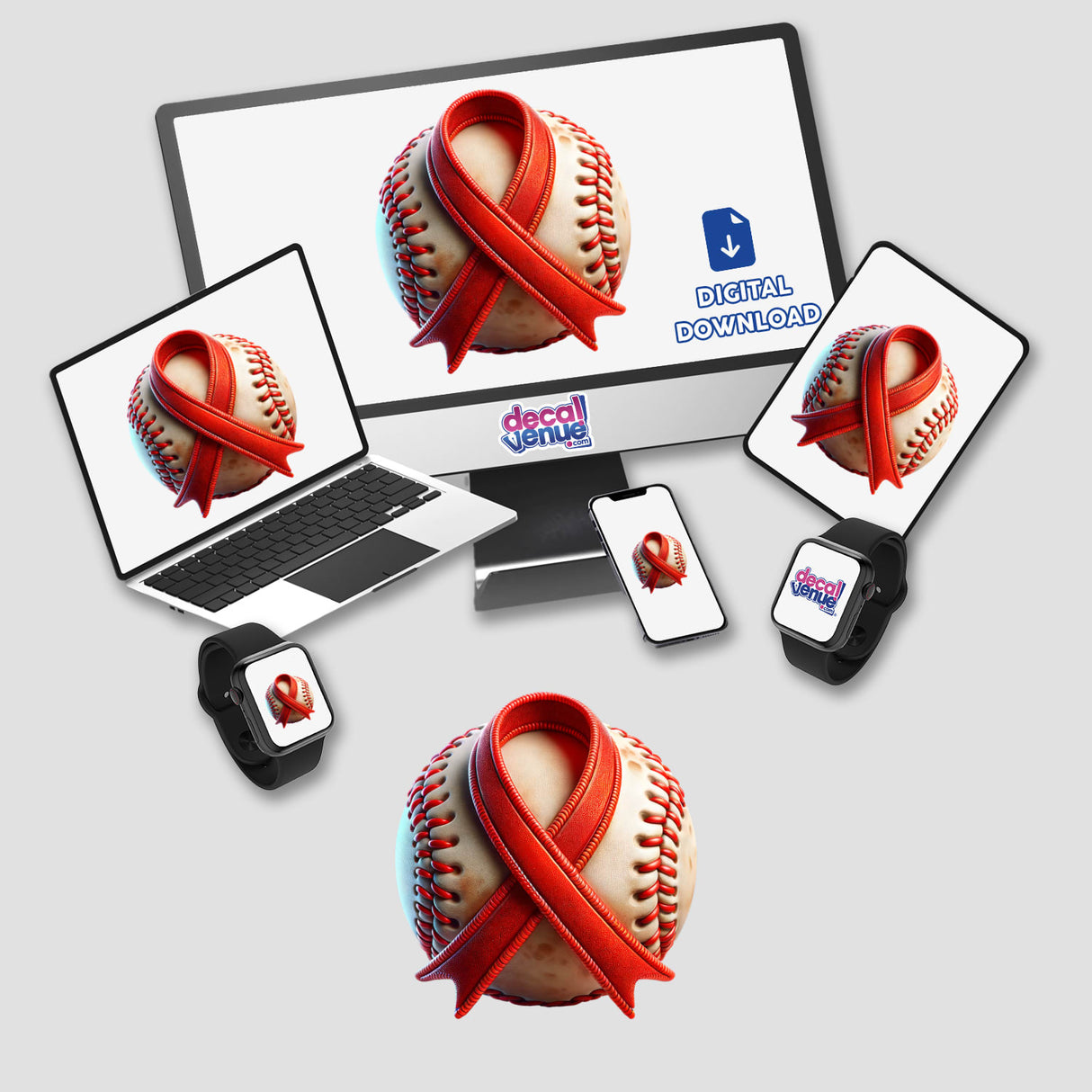 Baseball Red Ribbon AIDS Awareness sticker, featuring a baseball adorned with a red ribbon, symbolizing support and awareness. Available as stickers or digital artwork from Decal Venue.
