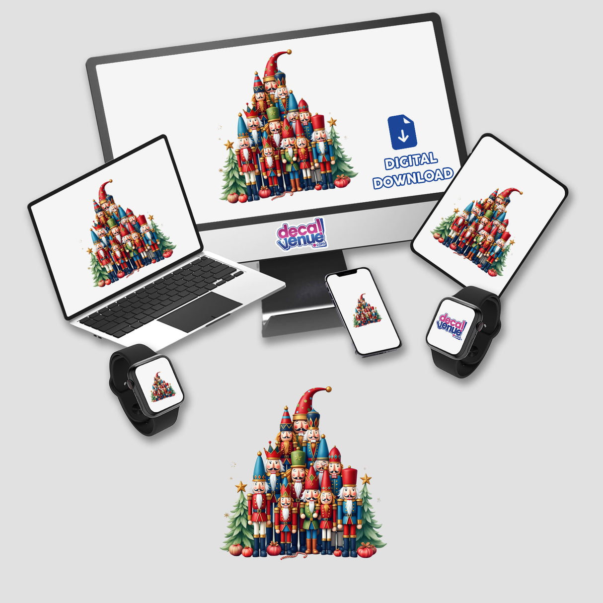 Nutcracker Dolls Pile Christmas Tree displayed on various digital screens, including a laptop and monitor, showcasing festive nutcracker designs available as stickers or digital artwork from Decal Venue.