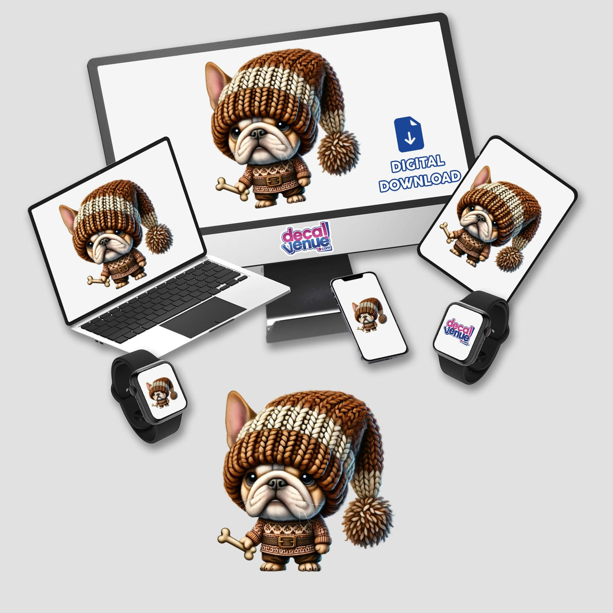 Bulldog Gnome Holding Dog Bone digital artwork displayed on various devices, including a computer and smartwatch, showcasing a cartoon dog in a knitted hat holding a bone.