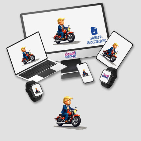 President Donald Trump on a motorcycle, depicted as a cartoon character, available as stickers or digital artwork. The image shows Trump riding, emphasizing the unique style of Decal Venue's products.