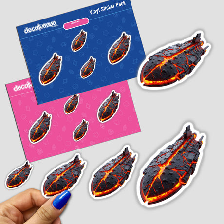 Molten Lava Spaceship sticker held by a hand with blue nail polish, displaying intricate design elements, available as both a sticker and digital artwork, representing Decal Venue's unique offerings.