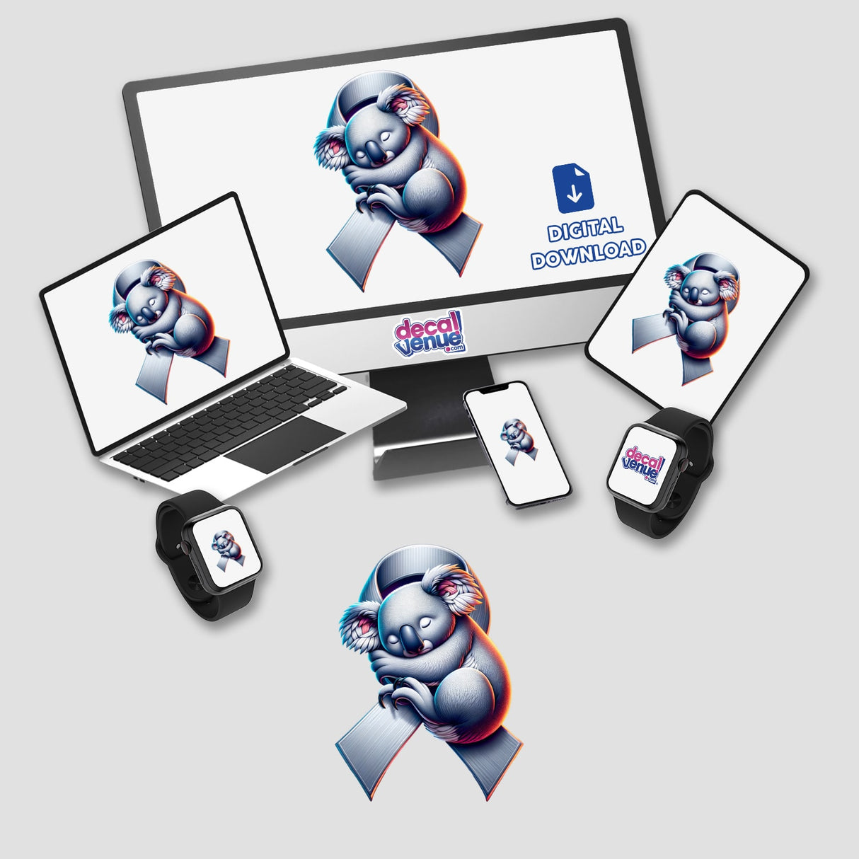 Sleepy Koala Grey Ribbon Brain Cancer Awareness: A laptop and monitor display adorable koalas, offered as stickers or digital art by Decal Venue, emphasizing unique design and awareness support.