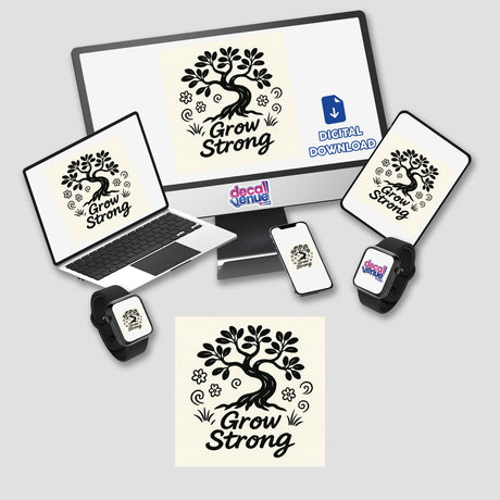 Grow Strong Doodle Minimalist Sticker or Clipart features a bold tree in black ink, surrounded by doodle flowers, with Grow Strong in script; available in various sizes or as digital art.