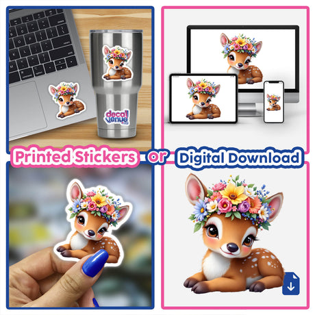 Delicate Fawn Wearing a Flower Crown depicted in various cartoon styles, offered as stickers and digital art, showcasing its whimsical charm and intricate floral details.