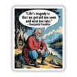Benjamin Franklin Quotes About Life Clipart | Stickers or Commercial Rights Download Prints: Illustration of Benjamin Franklin with a speech bubble, available as stickers or digital artwork.