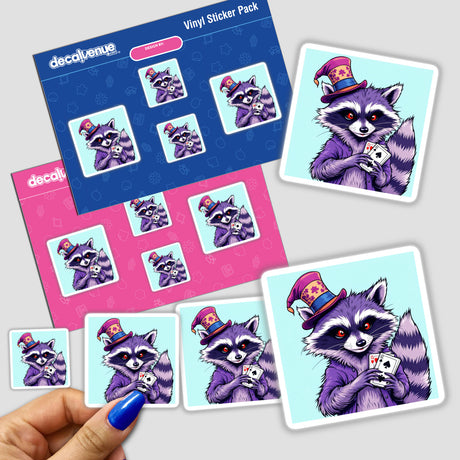 Magician Raccoon with Deck of Cards sticker pack featuring cartoon raccoons holding playing cards, available as stickers or digital artwork from Decal Venue. Perfect for unique decoration or digital use.