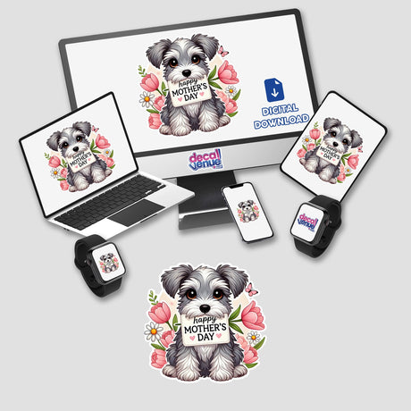 Mother’s Day Schnauzer – Cute Dog with Flowers and Heartfelt Message displayed on a computer monitor and laptop, available as unique stickers or digital artwork from Decal Venue.