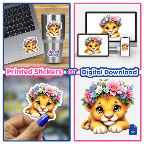 Majestic Lion Cub with a Blooming Flower Crown sticker displayed on a laptop, showcasing a charming cartoon lion adorned with flowers, available as a unique vinyl sticker or digital art from Decal Venue.