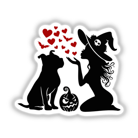 Halloween Witch Lady's Beloved Pitbull Silhouette with Spooky Hearts and Bats