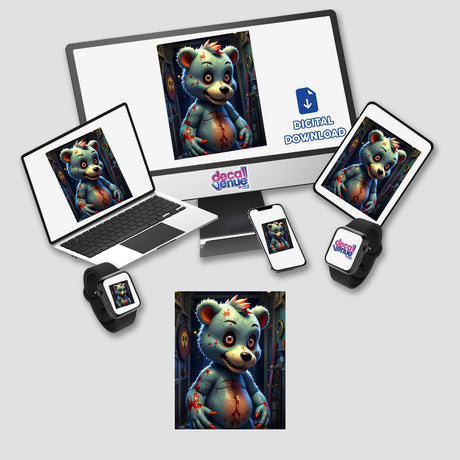 A Macabre Scary Bear cartoon displayed on a computer monitor and laptop. Available as stickers or digital artwork from Decal Venue, specializing in unique vinyl stickers and digital art.