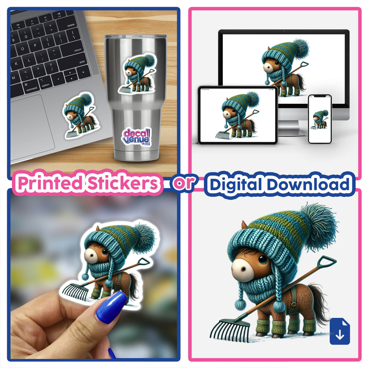 Horse Gnome with Rake: Cartoon horse wearing a hat and scarf, holding a rake, featured in stickers or digital artwork.
