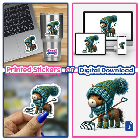 Horse Gnome with Rake: Cartoon horse wearing a hat and scarf, holding a rake, featured in stickers or digital artwork.