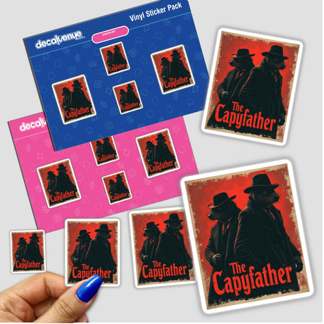 The Capyfather Sticker or Clipart features a humorous capybara design inspired by mafia themes, displayed on a hand. Available at Decal Venue for unique vinyl stickers and digital art.