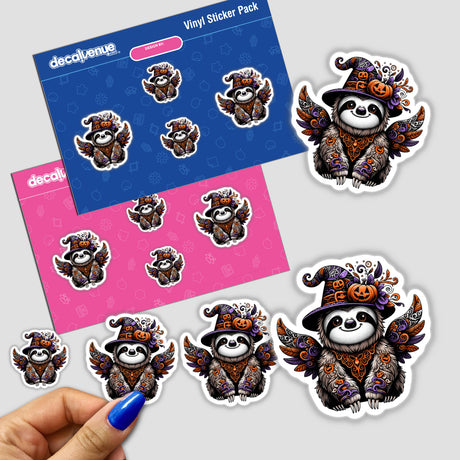 Whimsical Halloween-themed sloth stickers with pumpkin and witch hat designs, featured on a Vinyl Sticker Pack from Decal Venue, an online store specializing in unique stickers and digital artwork.