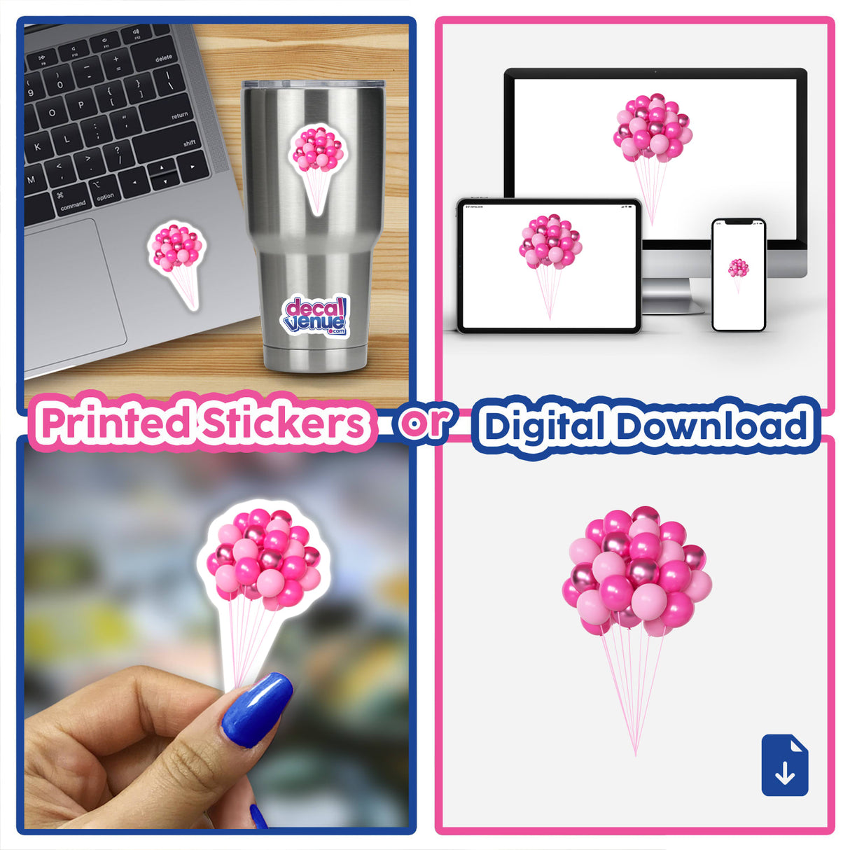 Pink helium balloons sticker design on laptop, phone, and hand