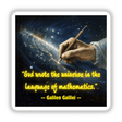 Inspirational Math Quote Digital Download featuring God Wrote the Universe in the Language of Mathematics by Galileo, showcasing a hand holding a pen, perfect for teachers and classrooms.