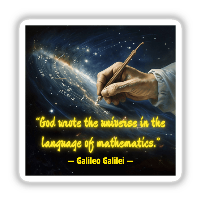 Inspirational Math Quote Digital Download featuring God Wrote the Universe in the Language of Mathematics by Galileo, showcasing a hand holding a pen, perfect for teachers and classrooms.