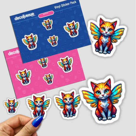 A Cute Geometric Fairy Cat sticker, featuring a cartoon cat with wings, ideal for decorating various surfaces. Available as a sticker or digital artwork from Decal Venue.