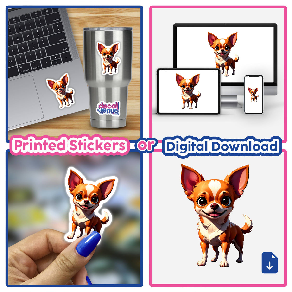 Collage featuring A Cute Chihuahua sticker, depicting a cartoon dog with big ears on a laptop and cup, symbolizing Decal Venue's unique vinyl stickers and digital art offerings.