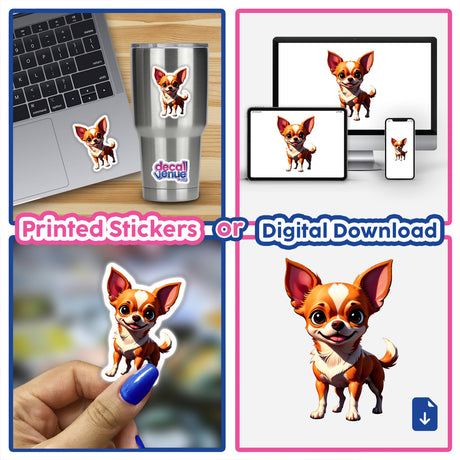 Collage featuring A Cute Chihuahua sticker, depicting a cartoon dog with big ears on a laptop and cup, symbolizing Decal Venue's unique vinyl stickers and digital art offerings.