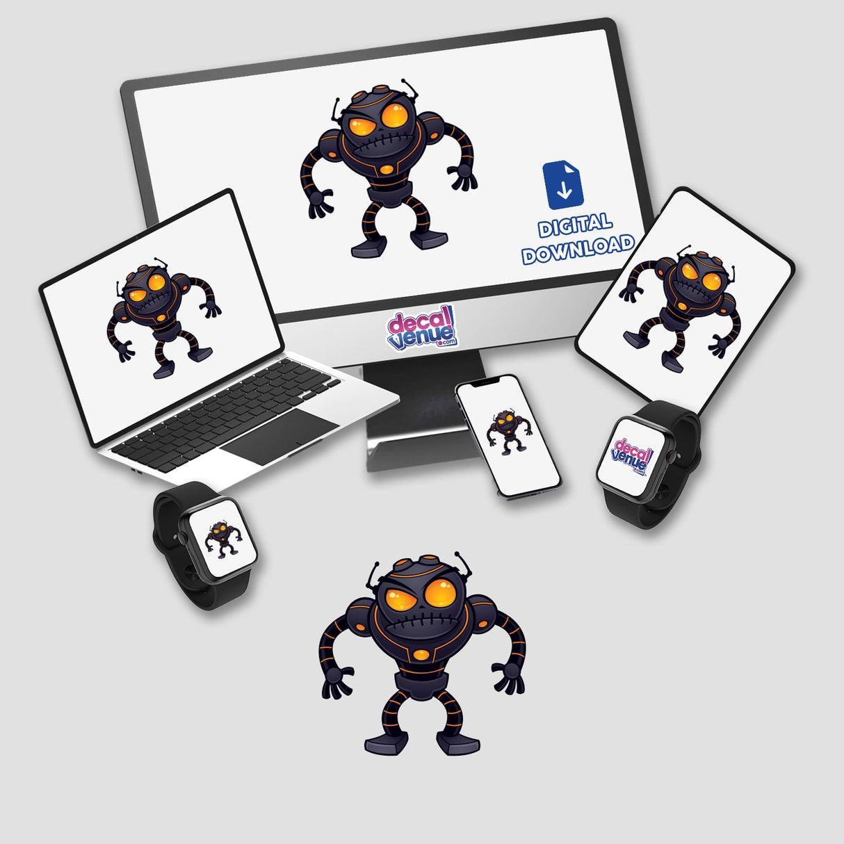 Angry Robot sticker featuring a cartoon robot displayed on a computer monitor and laptop screen, showcasing Decal Venue's unique digital art available in sticker packs or individually.