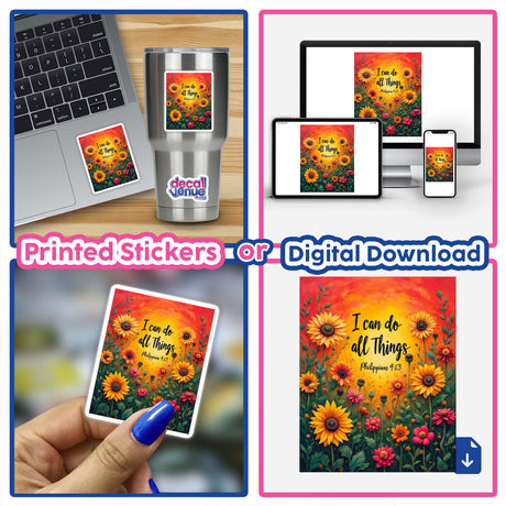 Fauvist Spring Zinnia “I Can Do All Things” Philippians 4:13 Sticker or Clipart featuring vibrant flower collage, ideal for digital download or as a decorative laptop sticker.