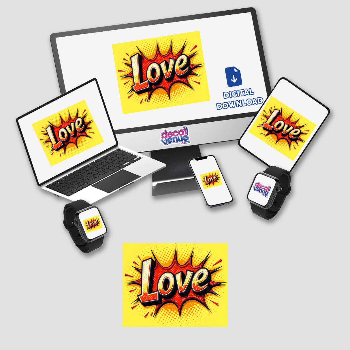 Love Valentine's Day digital artwork featuring a comic book style design displayed across multiple devices, including a laptop, tablet, and smartphone. Available as stickers or digital art.