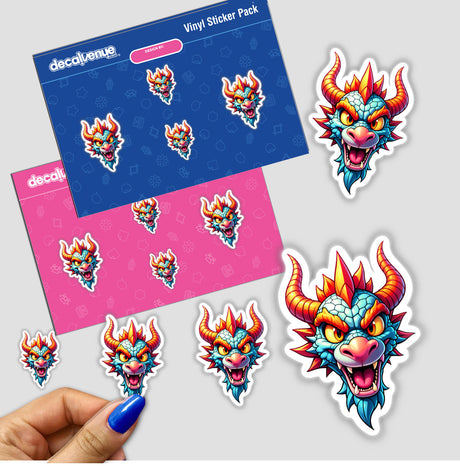 A Cool Fantasy Dragon sticker pack, featuring various cartoon dragon designs, displayed on a surface with a hand holding it. Available as stickers or digital artwork from Decal Venue.