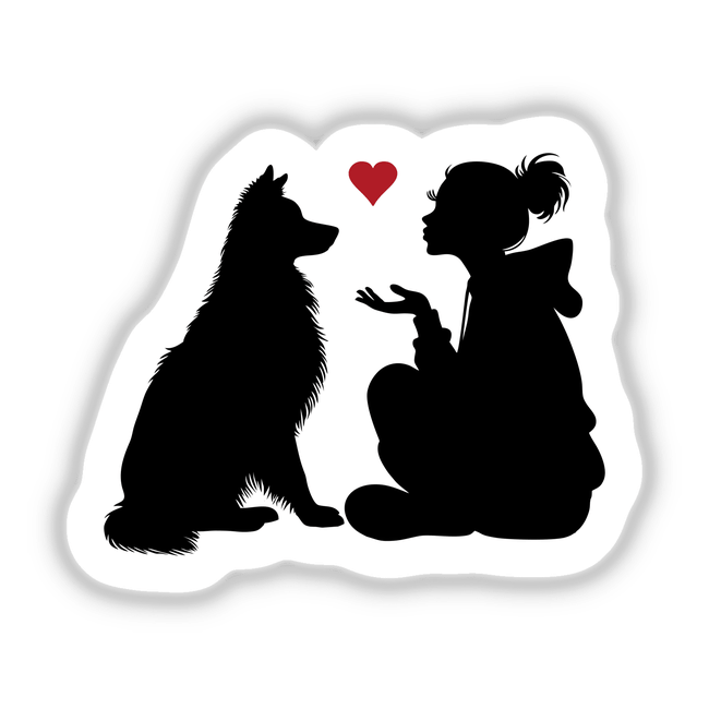 Silhouette of woman and Australian shepherd dog, red heart symbol above