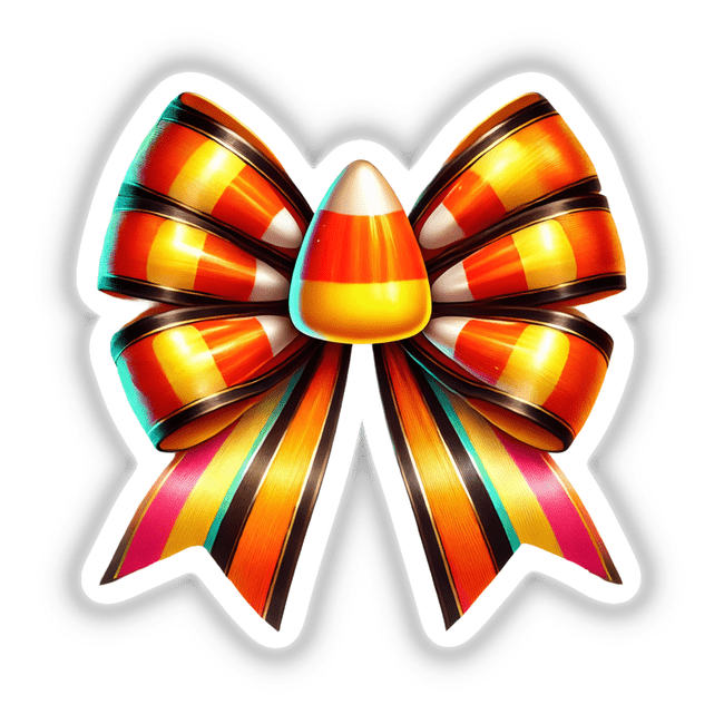 Candy Corn Coquette Bow Halloween featuring playful black and orange stripes, available as stickers or digital artwork from Decal Venue.