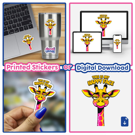 This Is My Happy Face Cute Grumpy Giraffe sticker shown on a laptop keyboard, highlighting its playful cartoon design and unique style from Decal Venue's collection of vinyl stickers and digital art.
