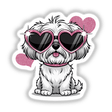 Maltese Dog w Heart Sunglasses illustration featuring a cartoon dog in heart-shaped sunglasses, available as stickers or digital artwork.