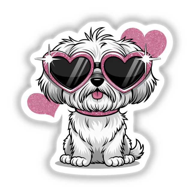Maltese Dog w Heart Sunglasses illustration featuring a cartoon dog in heart-shaped sunglasses, available as stickers or digital artwork.
