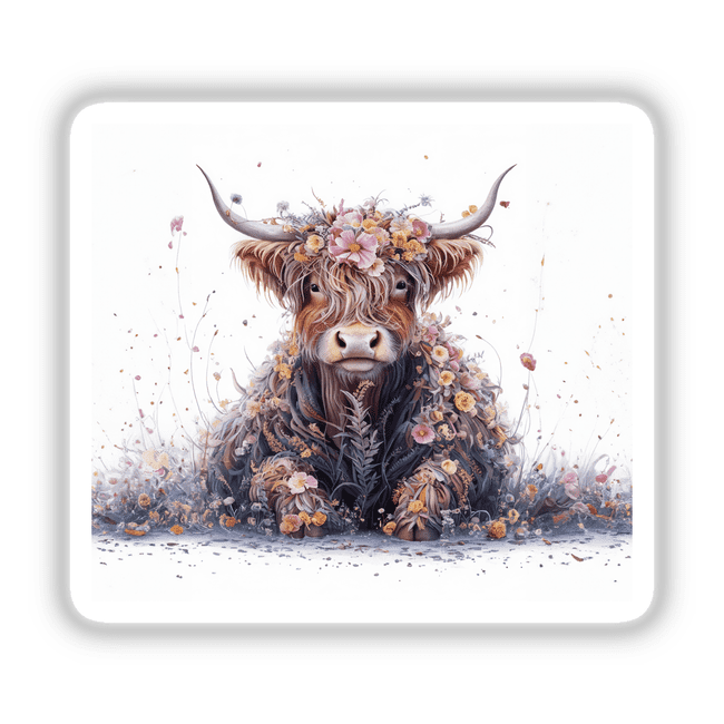 Majestic Highland Cow with Flowers in Meadow