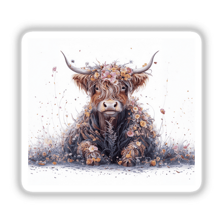 Majestic Highland Cow with Flowers in Meadow