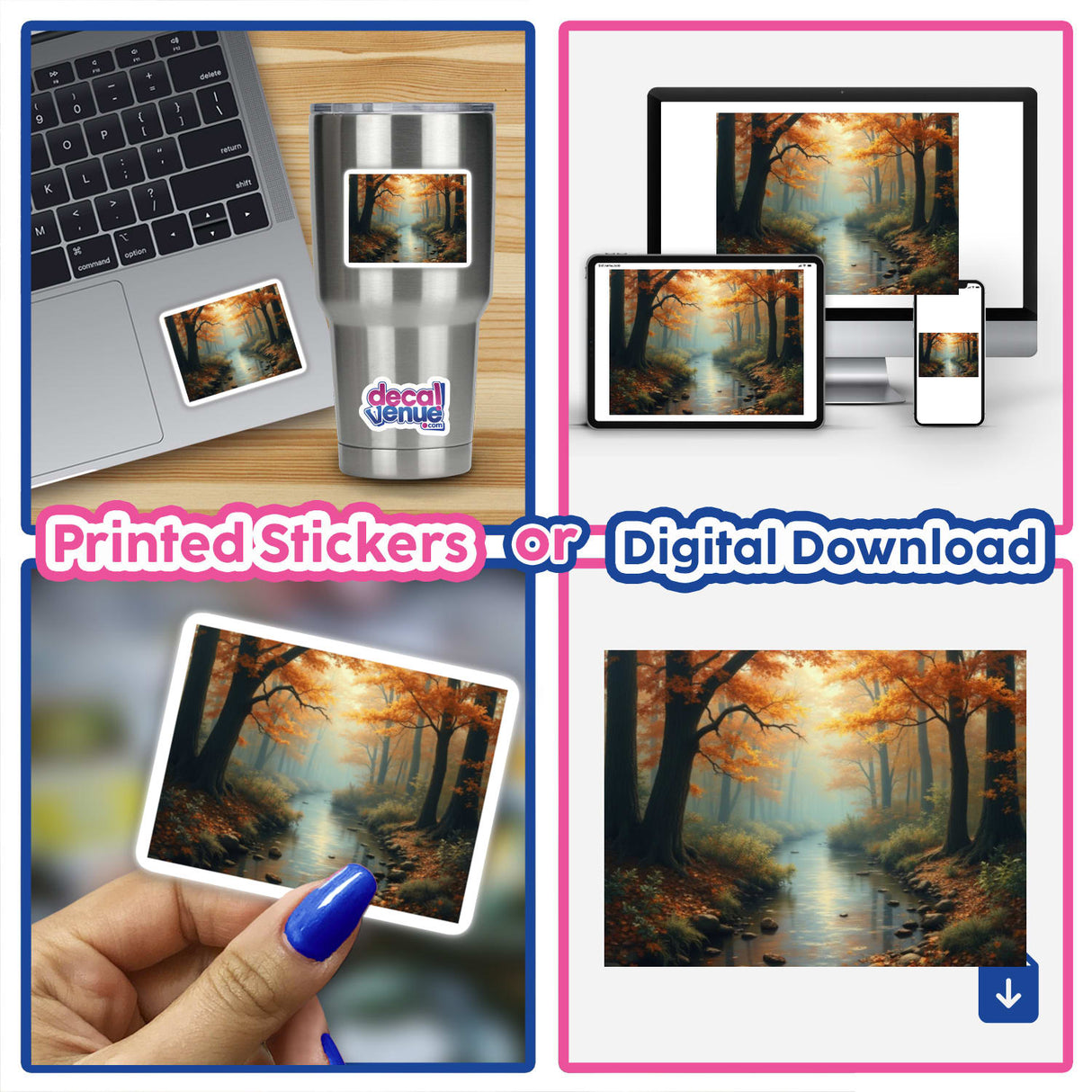 Collage featuring the Tranquil Fall Forest Wallpaper for 12.9-inch iPad Pro, showcasing serene forest streams, trees, and digital placement on a laptop. Available as stickers or digital artwork with commercial rights.