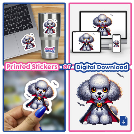 Vampire Poodle Dog with Fangs design displayed on a laptop and phone, featuring a cartoon poodle in a vampire costume. Available as stickers or digital downloads from Decal Venue.