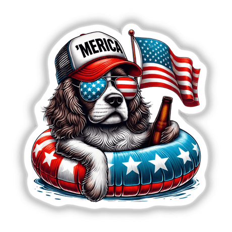 Cocker Spaniel wearing a hat and sunglasses, holding an American flag and beer, floating. Available as stickers or digital artwork. Product title: Cocker Spaniel American Flag Float Merica.