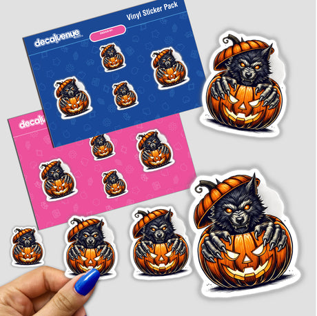 Spooky werewolf peeking out of Halloween pumpkin stickers, vibrant digital artwork from DecalVenue, perfect for Halloween decor or crafts.